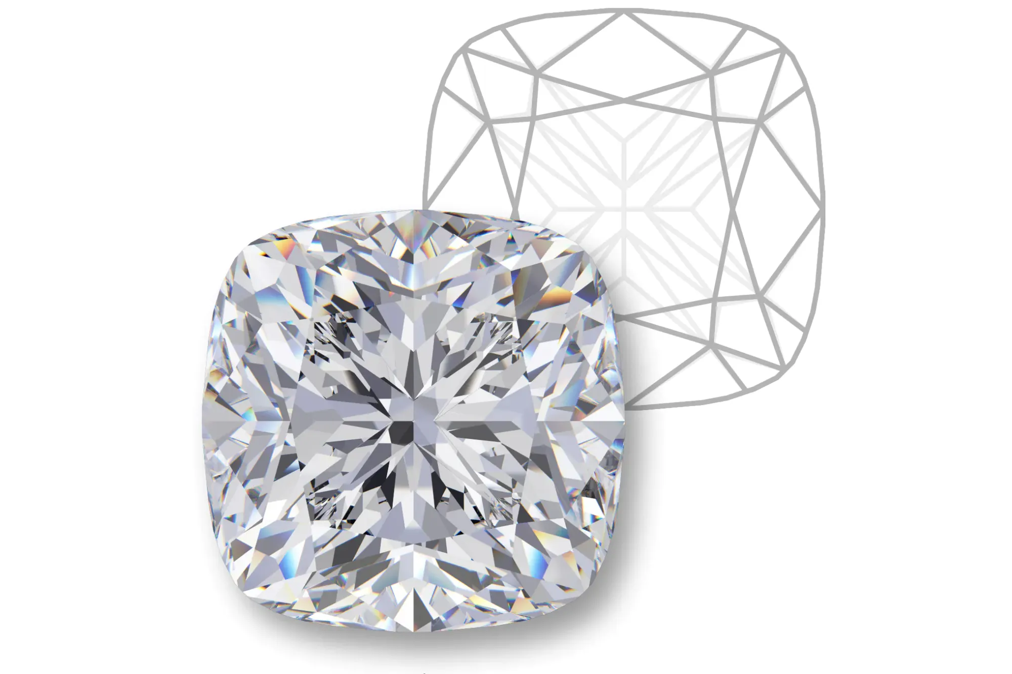 Rendering of a cushion cut diamond with a facet diagram.