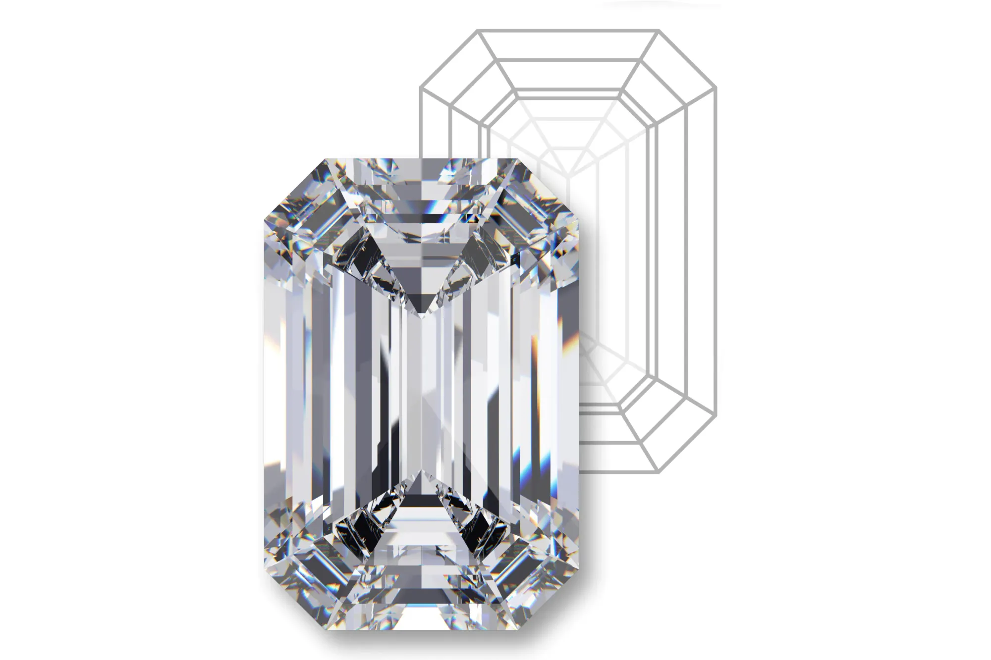 Rendering of an emerald cut diagram with a facet rendering.