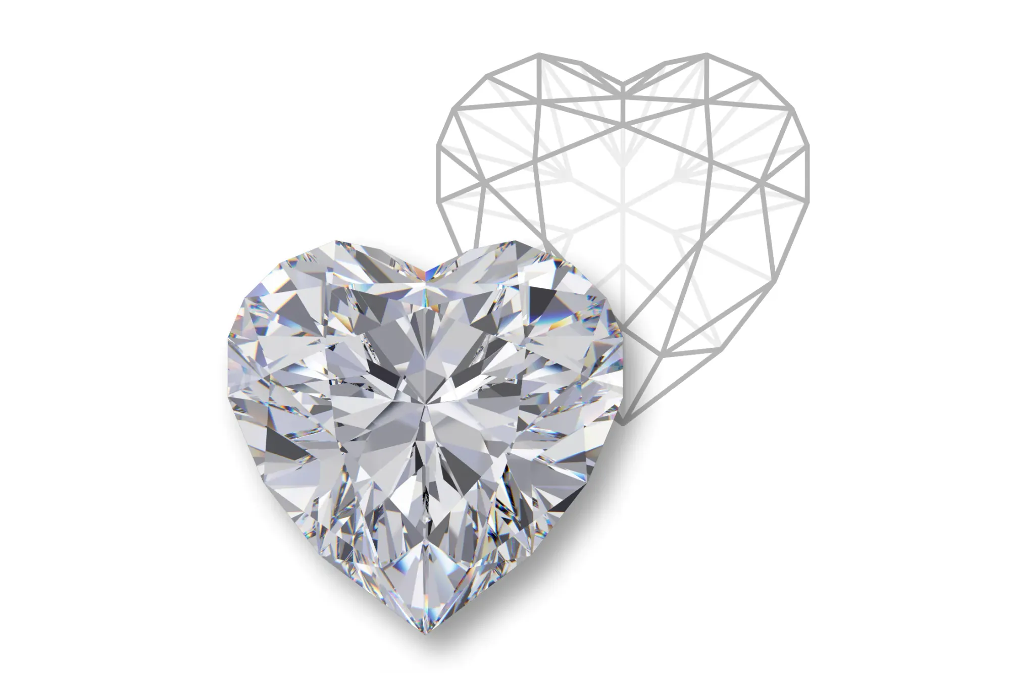 Rendering of a heart shaped diamond with a facet diagram.