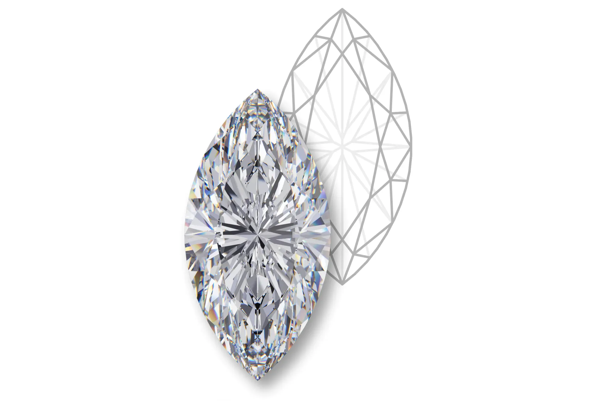 Rendering of a marquise cut diamond with a facet diagram.