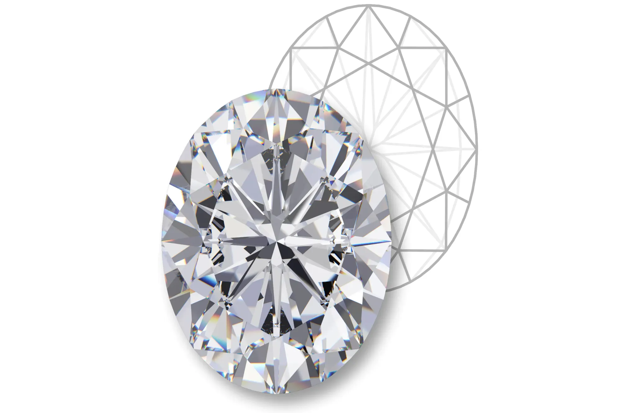 Rendering of an oval cut diamond with facet diagram.