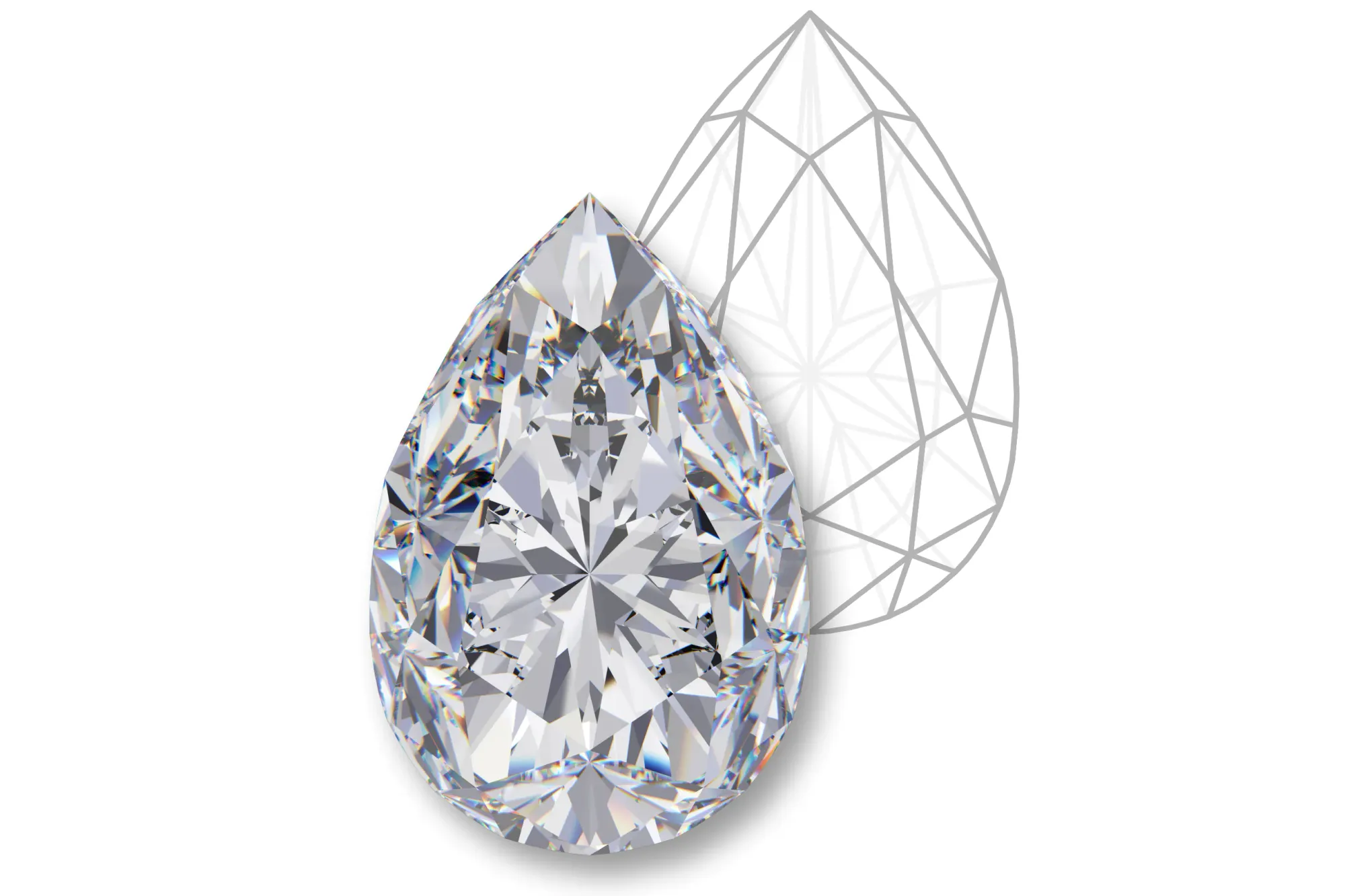 Rendering of a pear shape diamond with facet diagram.