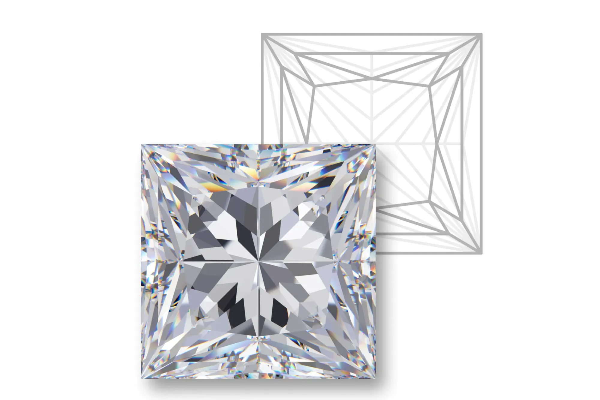 Rendering of a princess cut diamond with facet diagram.