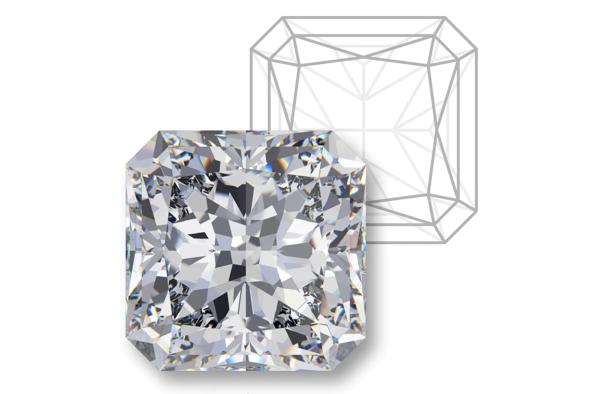 Rendering of a radiant cut diamond with a facet diagram.