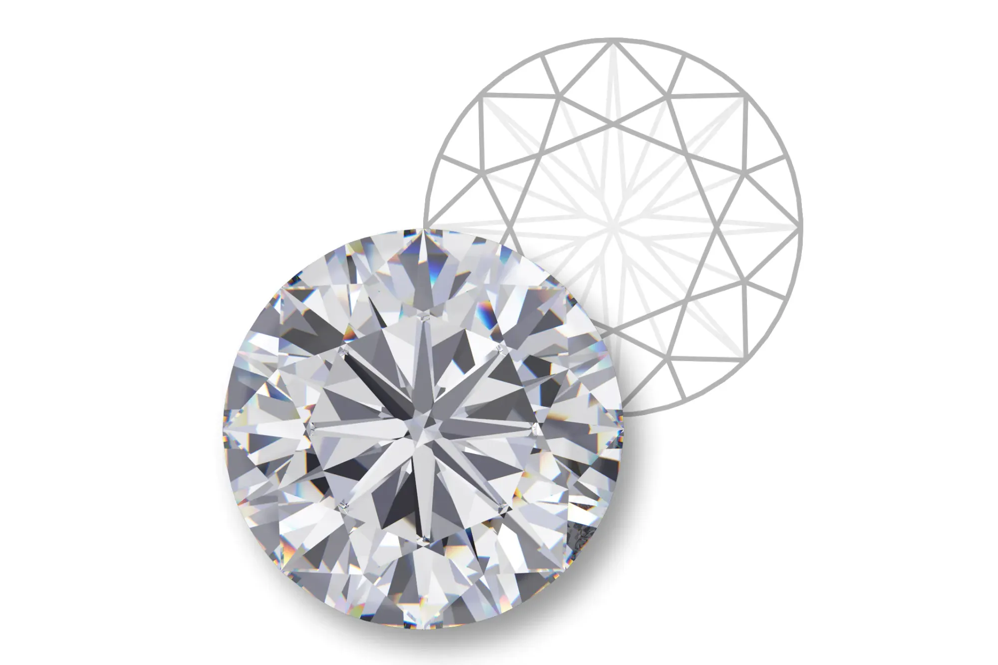 Rendering of a round brilliant cut diamond with facet diagram.