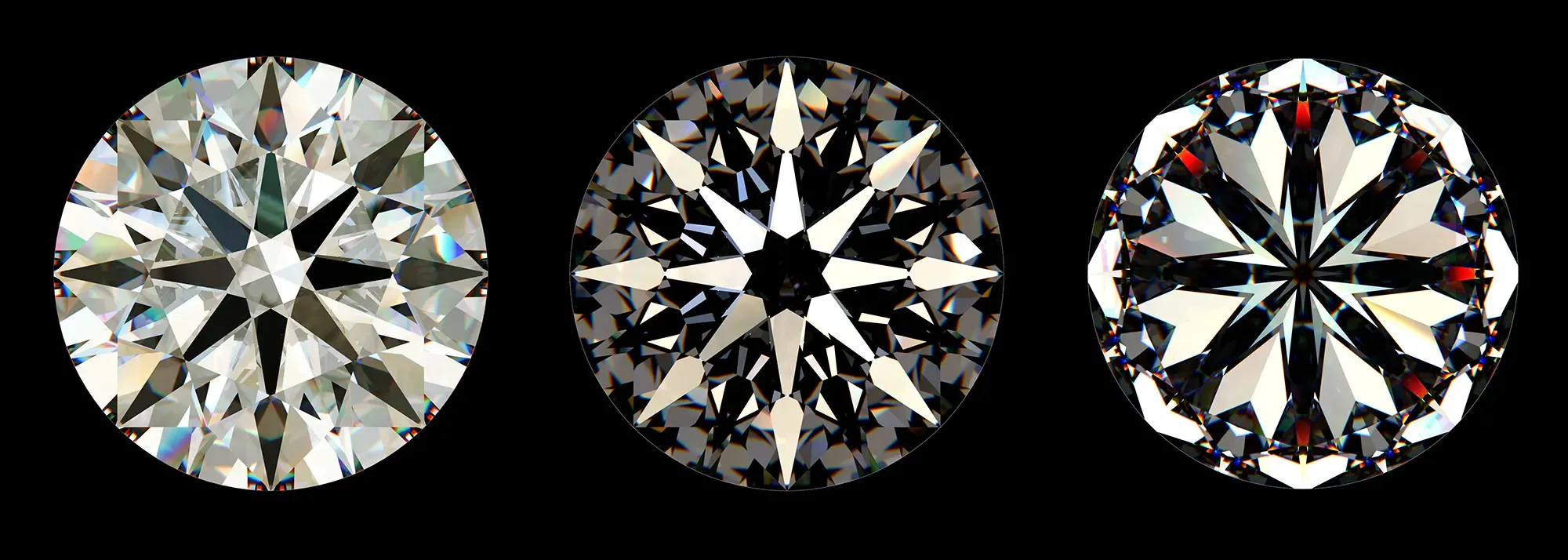 Left: an ideal cut round brilliant diamond showing arrows patterning under special lighting. Center and right: ideal round brilliant diamond showing hearts and arrows patterns as seen through a hearts and arrows viewer.